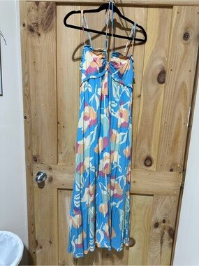Blue Floral Maxi Sundress with Pink & Cream Accents